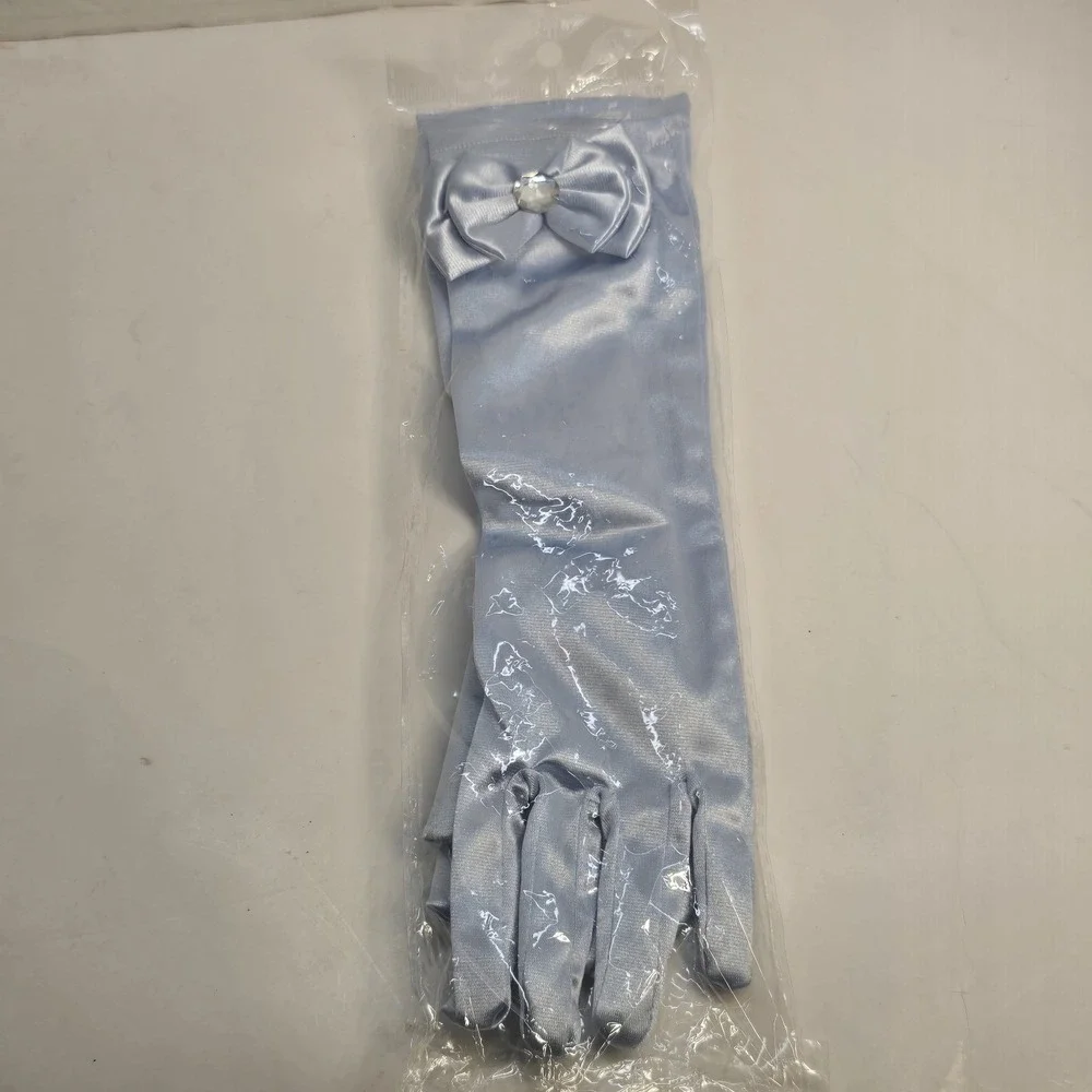 Girls‎ Light Blue Satin Princess Gloves with Bow and Rhinestone Formal Costume